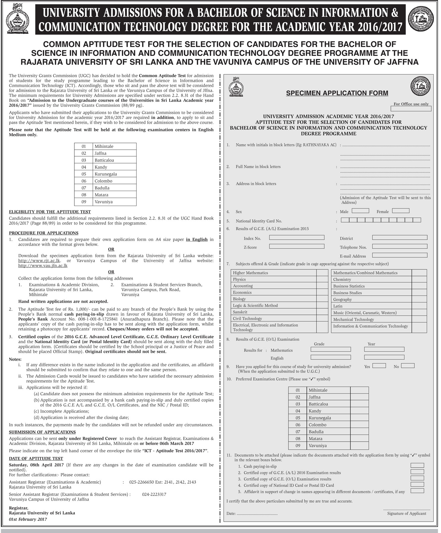 Bachelor of Science in Information & Communication Technology Degree Programme - Rajarata University & University of Jaffna